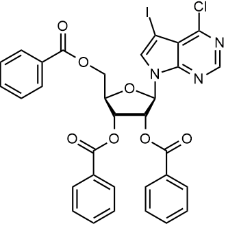 (2R,3R,4R,5R)-2-((benzoyloxy)methyl)-5-(4-chloro-5-iodo-7H-pyrrolo[2,3-d]pyrimidin-7-yl)tetrahydrofuran-3,4-diyl dibenzoate 化学構造