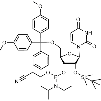 (2R,3R,4R,5R)-2-((Bis(4-methoxyphenyl)(phenyl)methoxy)methyl)-4-((tert-butyldimethylsilyl)oxy)-5-(2,4-dioxo-3,4-dihydropyrimidin-1(2H)-yl)tetrahydrofuran-3-yl (2-cyanoethyl) diisopropylphosphoramidite Chemische Struktur