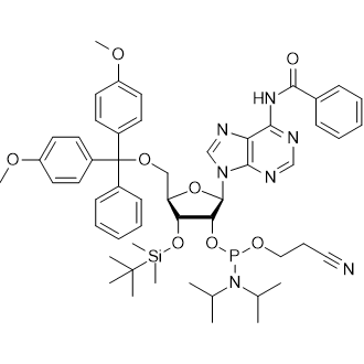 (2R,3R,4R,5R)-2-(6-benzamido-9H-purin-9-yl)-5-((bis(4-methoxyphenyl)(phenyl)methoxy)methyl)-4-((tert-butyldimethylsilyl)oxy)tetrahydrofuran-3-yl (2-cyanoethyl) diisopropylphosphoramidite Chemical Structure