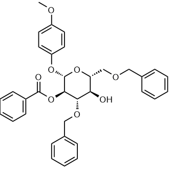 (2S,3R,4S,5R,6R)-4-(benzyloxy)-6-((benzyloxy)methyl)-5-hydroxy-2-(4-methoxyphenoxy)tetrahydro-2H-pyran-3-yl benzoate Chemical Structure