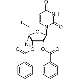 (2S,3S,4R,5R)-2-azido-5-(2,4-dioxo-3,4-dihydropyrimidin-1(2H)-yl)-2-(iodomethyl)tetrahydrofuran-3,4-diyl dibenzoate Chemische Struktur