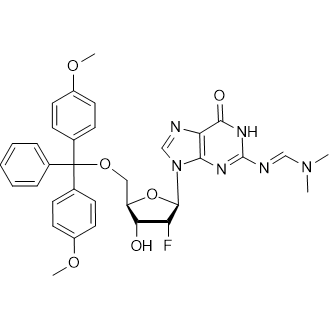 (E)-N'-(9-((2R,3R,4R,5R)-5-((Bis(4-methoxyphenyl)(phenyl)methoxy)methyl)-3-fluoro-4-hydroxytetrahydrofuran-2-yl)-6-oxo-6,9-dihydro-3h-purin-2-yl)-n,n-dimethylformimidamide Chemische Struktur