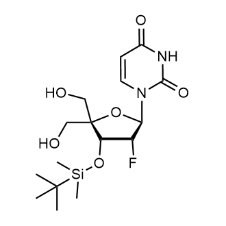 1-((2R,3R,4R)-4-((tert-butyldimethylsilyl)oxy)-3-fluoro-5,5-bis(hydroxymethyl)tetrahydrofuran-2-yl)pyrimidine-2,4(1H,3H)-dione Chemical Structure