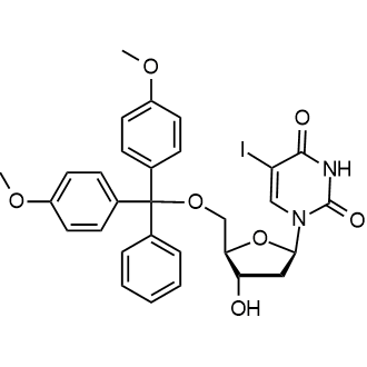 1-((2R,4S,5R)-5-((bis(4-methoxyphenyl)(phenyl)methoxy)methyl)-4-hydroxytetrahydrofuran-2-yl)-5-iodopyrimidine-2,4(1H,3H)-dione 化学構造