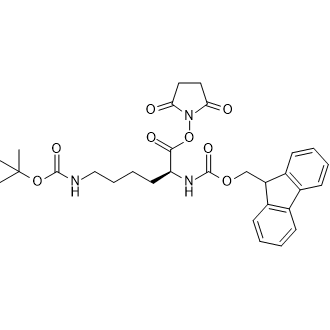 2,5-Dioxopyrrolidin-1-yl N2-(((9H-fluoren-9-yl)methoxy)carbonyl)-N6-(tert-butoxycarbonyl)-L-lysinate 化学構造