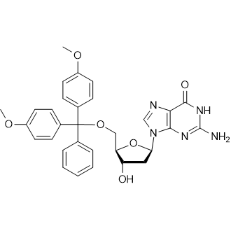 2-Amino-9-((2R,4S,5R)-5-((bis(4-methoxyphenyl)(phenyl)methoxy)methyl)-4-hydroxytetrahydrofuran-2-yl)-1,9-dihydro-6H-purin-6-one Chemische Struktur