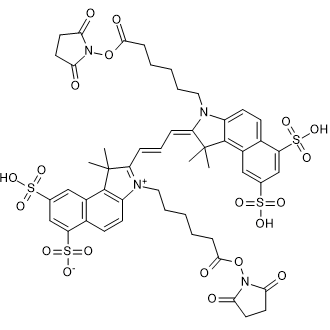 3-(6-((2,5-Dioxopyrrolidin-1-yl)oxy)-6-oxohexyl)-2-((1E,3E)-3-(3-(6-((2,5-dioxopyrrolidin-1-yl)oxy)-6-oxohexyl)-1,1-dimethyl-6,8-disulfo-1H-benzo[e]indol-2(3H)-ylidene)prop-1-en-1-yl)-1,1-dimethyl-8-sulfo-1H-benzo[e]indol-3-ium-6-sulfonate التركيب الكيميائي