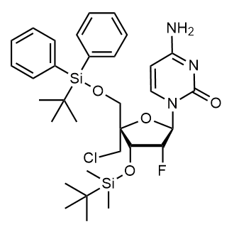 4-amino-1-((2R,3R,4R,5R)-4-((tert-butyldimethylsilyl)oxy)-5-(((tert-butyldiphenylsilyl)oxy)methyl)-5-(chloromethyl)-3-fluorotetrahydrofuran-2-yl)pyrimidin-2(1H)-one Chemical Structure