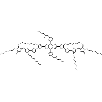 5,5′-[[4,8-Bis[5-(2-ethylhexyl)-2-thienyl]benzo[1,2-b:4,5-b′]dithiophene-2,6-diyl]bis[(3,3′′-dioctyl[2,2′:5′,2′′-terthiophene]-5′′,5-diyl)methylidyne]]bis[3-octyl-2-thioxo-4-thiazolidinone] 化学構造