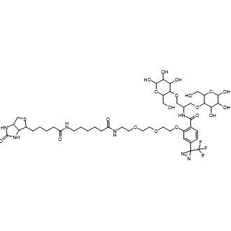 N-(1,3-bis((4,5,6-trihydroxy-2-(hydroxymethyl)tetrahydro-2H-pyran-3-yl)oxy)propan-2-yl)-2-((10,17-dioxo-21-(2-oxohexahydro-1H-thieno[3,4-d]imidazol-4-yl)-3,6-dioxa-9,16-diazahenicosyl)oxy)-4-(3-(trifluoromethyl)-3H-diazirin-3-yl)benzamide Chemical Structure