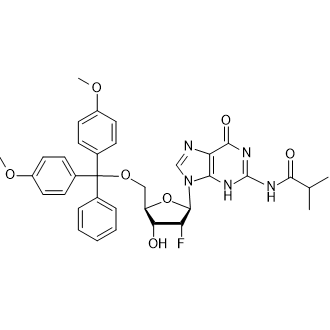 N-(9-((2R,3R,4R,5R)-5-((Bis(4-methoxyphenyl)(phenyl)methoxy)methyl)-3-fluoro-4-hydroxytetrahydrofuran-2-yl)-6-oxo-6,9-dihydro-3H-purin-2-yl)isobutyramide Chemical Structure