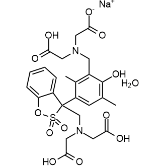 Sodium N-(3-(3-((bis(carboxymethyl)amino)methyl)-2,2-dioxido-3H-benzo[d][1,2]oxathiol-3-yl)-6-hydroxy-2,5-dimethylbenzyl)-N-(carboxymethyl)glycinate hydrate Chemische Struktur