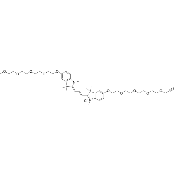 N-methyl-N'-methyl-O-(m-PEG4)-O'-(propargyl-PEG4)-Cy3 Chemical Structure