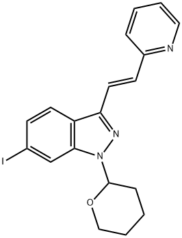 (E)-6-Iodo-3-[2-(pyridin-2-yl)ethenyl]-1-(tetrahydro-2H-pyran-2-yl)-1H-indazole Chemische Struktur